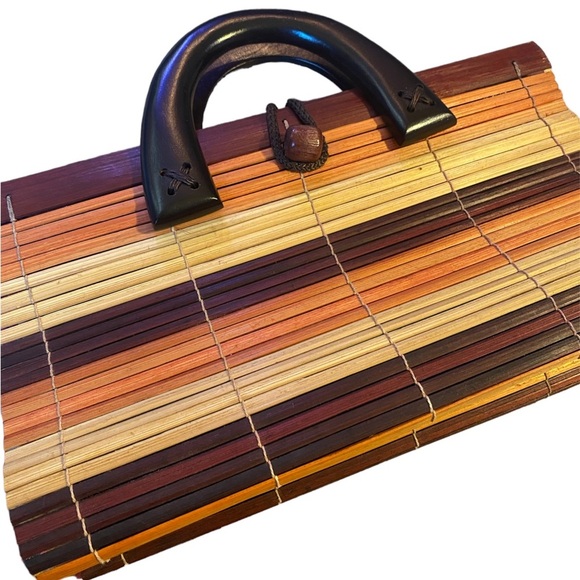 Vintage Wooden Bamboo Slatted Double Handle purse/Handbag - Picture 3 of 6